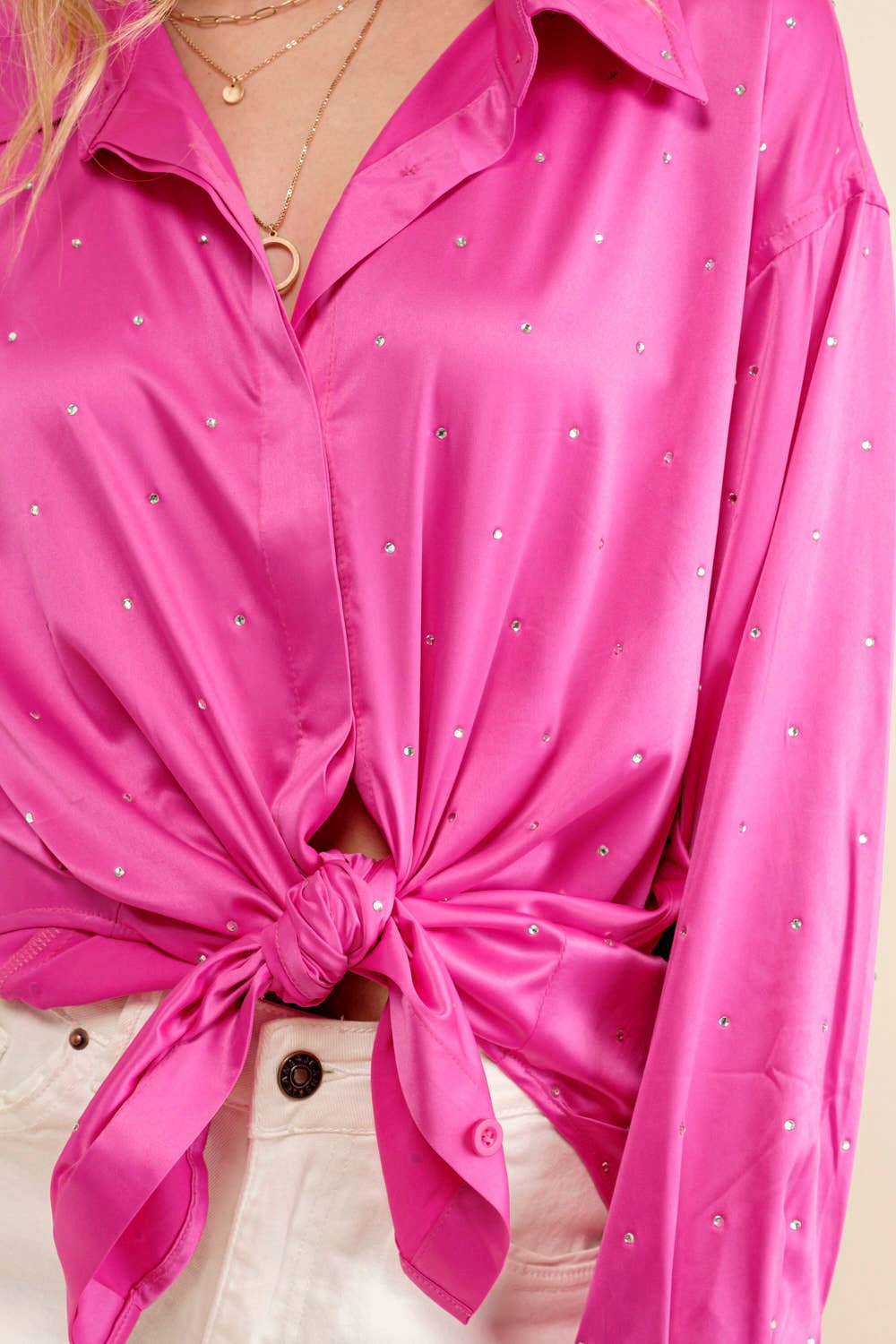 Dolly Satin Woven Rhinestone Studded Gem Sparkle Shirt