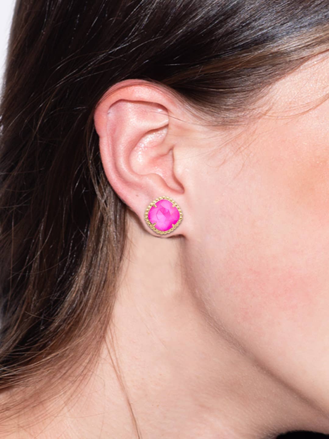 Hot Pink and 10K Gold Cushion-Cut Solitaire Stud Earrings