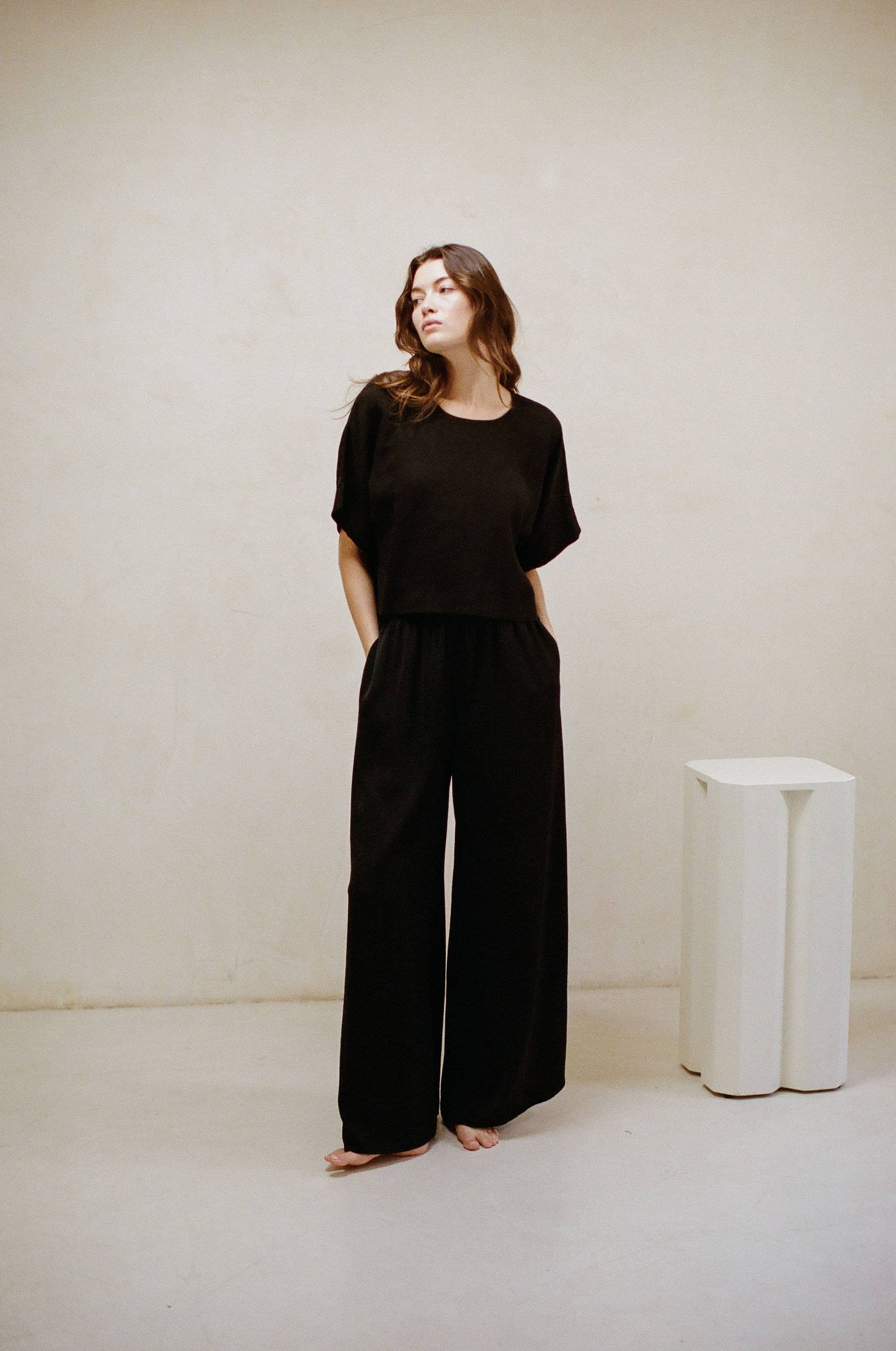 Jane Woven Light Weight Washed Satin Wide Leg Pants