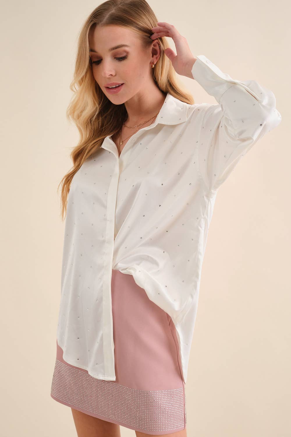 Dolly Satin Woven Rhinestone Studded Gem Sparkle Shirt