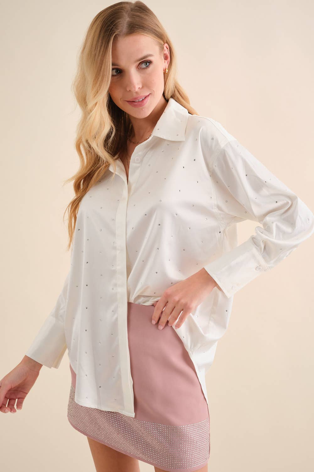 Dolly Satin Woven Rhinestone Studded Gem Sparkle Shirt