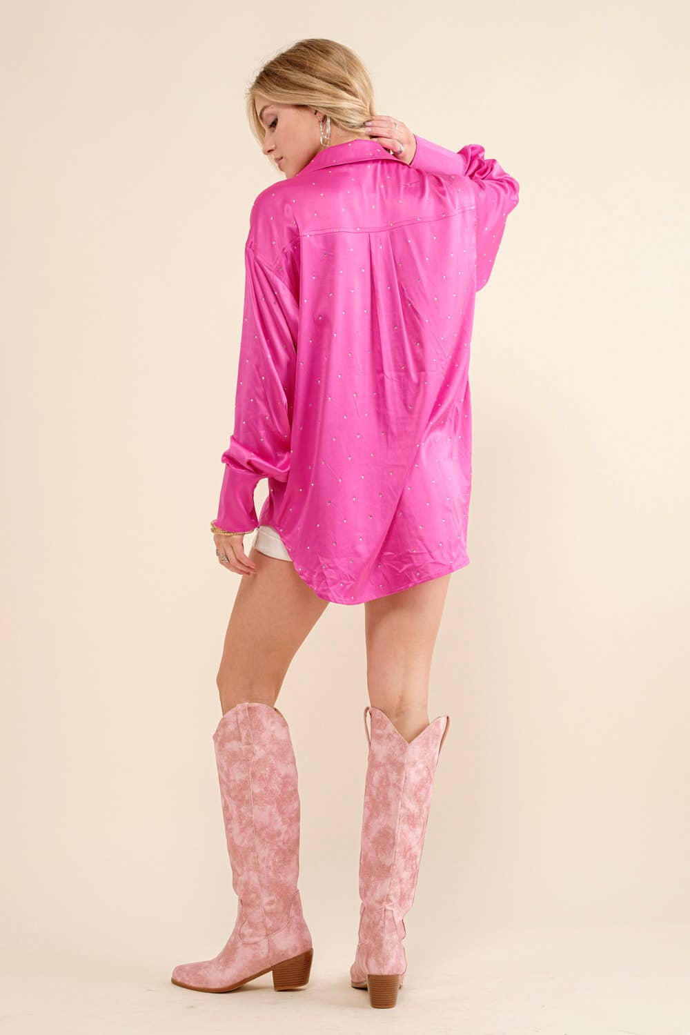 Dolly Satin Woven Rhinestone Studded Gem Sparkle Shirt