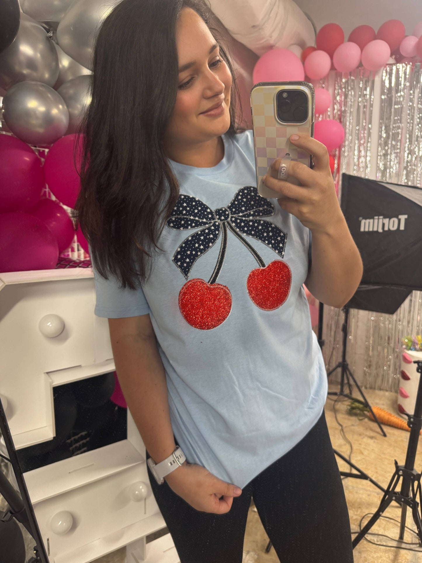 Cherries Bow USA Patriotic 4th of July Short Sleeve