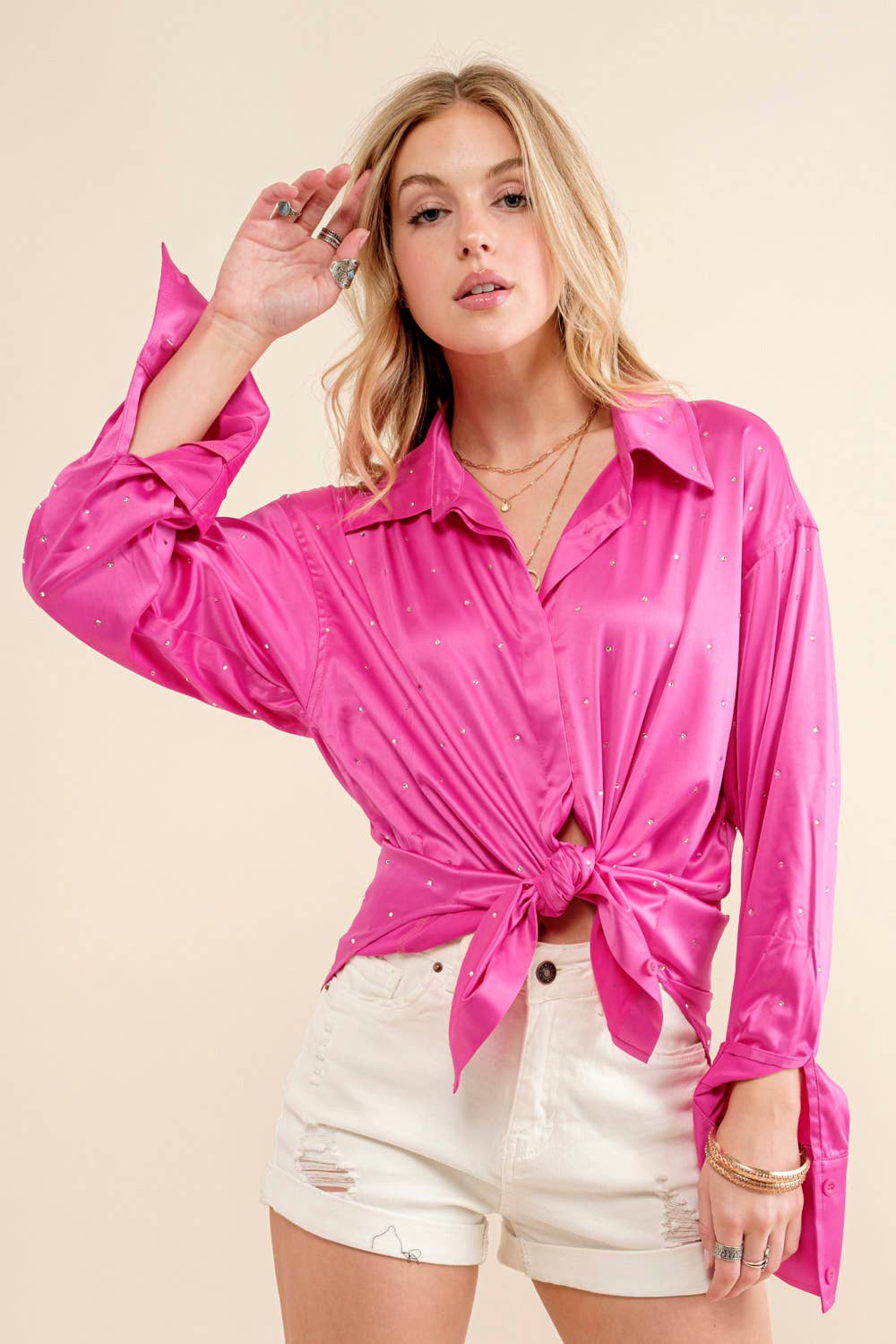 Dolly Satin Woven Rhinestone Studded Gem Sparkle Shirt