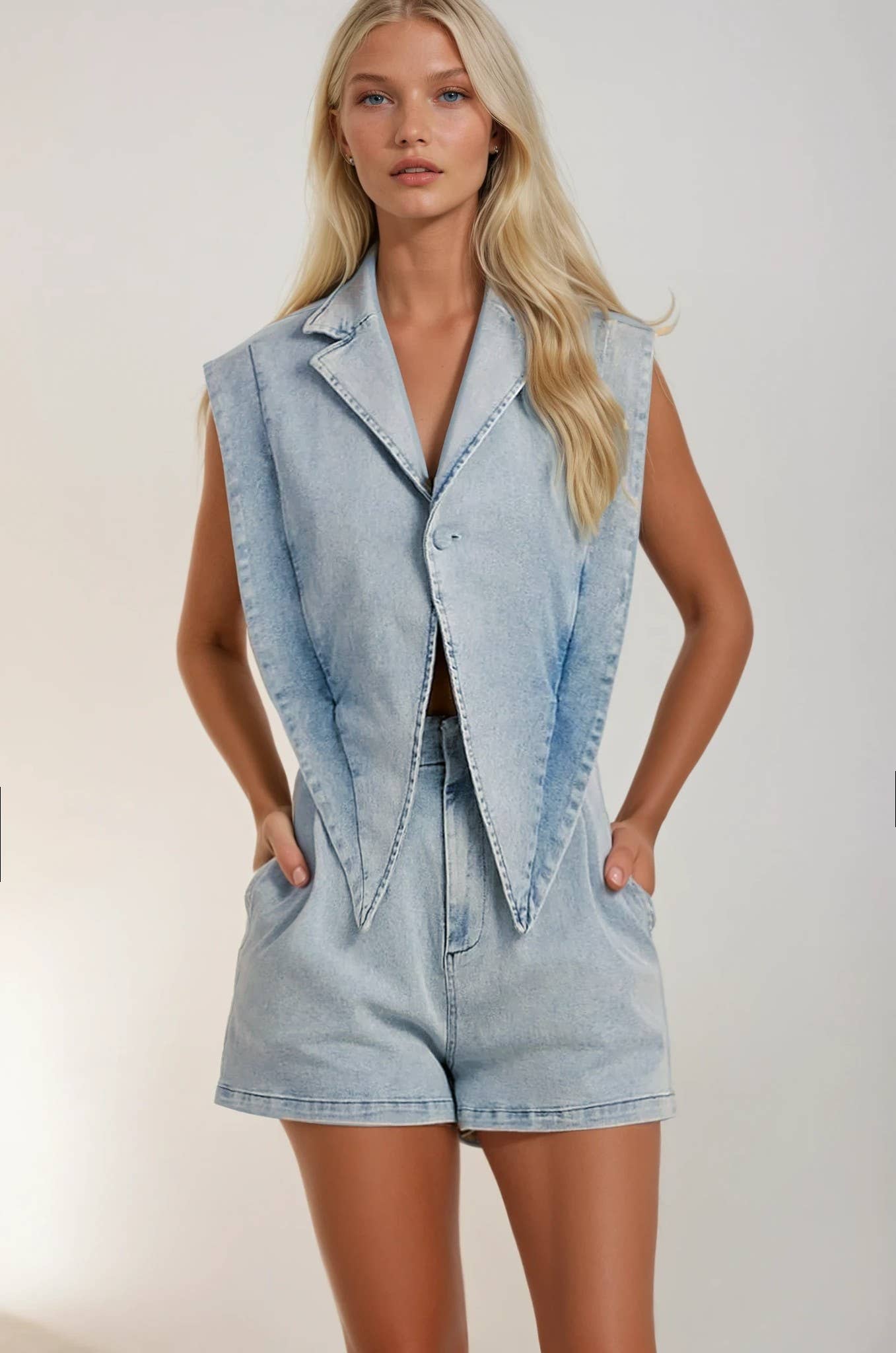 TWO PIECE LOOK LAPEL VEST DENIM ROMPER 4498RIAu