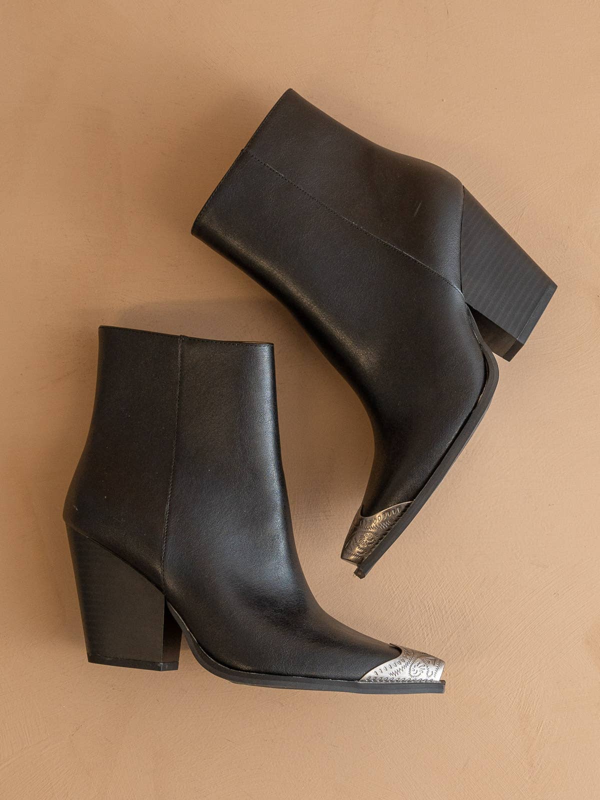 The Zion Black | Elegant Western Bootie Etched Metal Toe