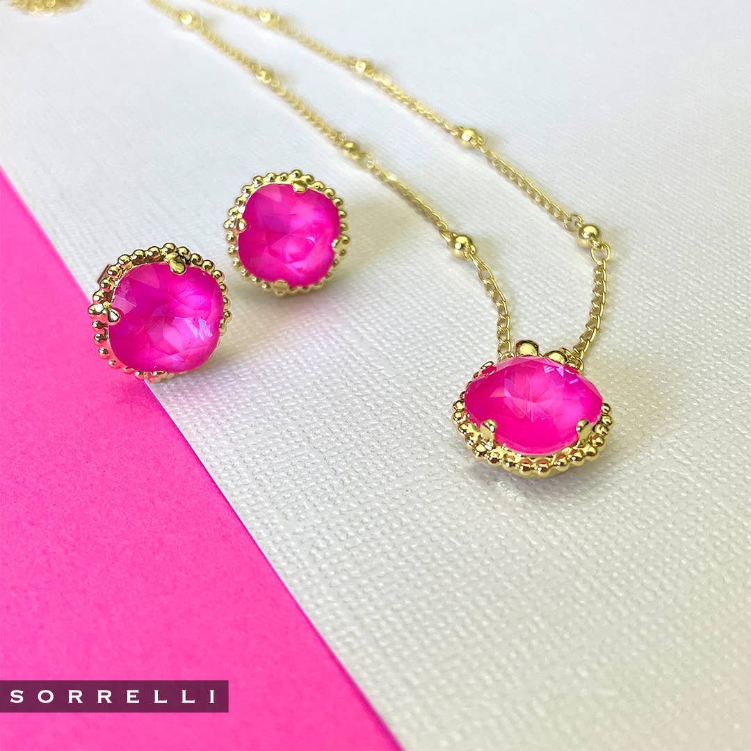 Hot Pink and 10K Gold Cushion-Cut Solitaire Stud Earrings