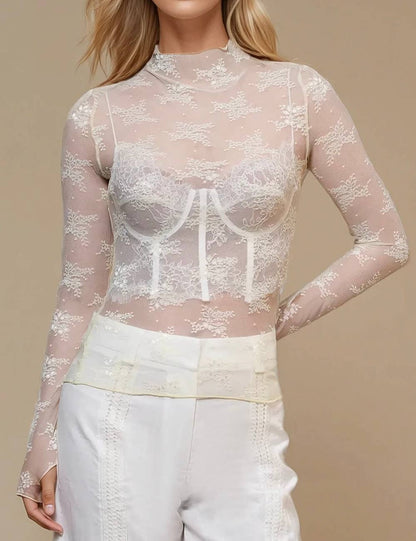 Lux Layering Floral Lace See Through Mesh Top Blouse
