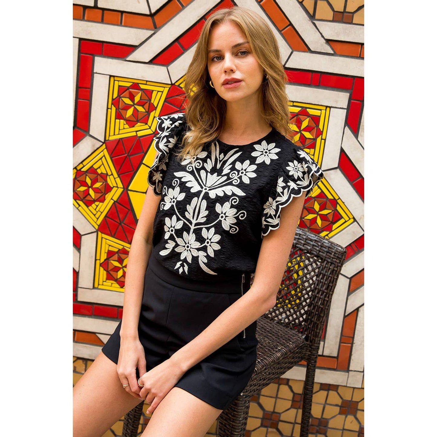Flutter Embroidered Sleeve Top