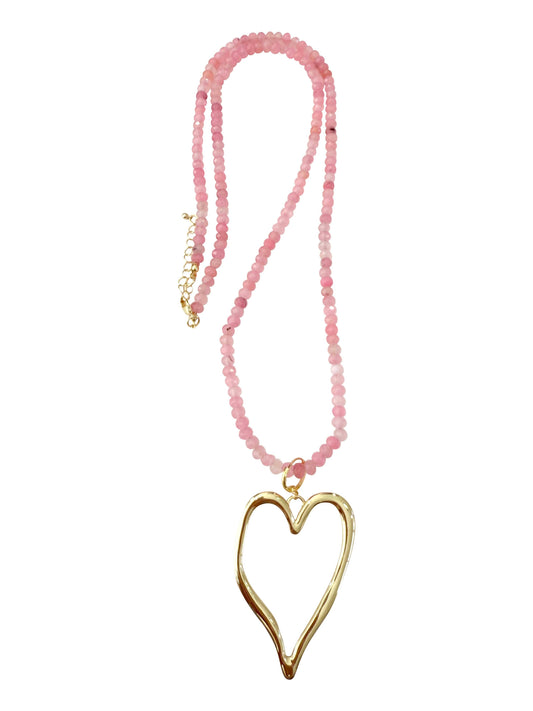 Emmie Pink Beaded Necklace with Gold Jumbo Heart Charm