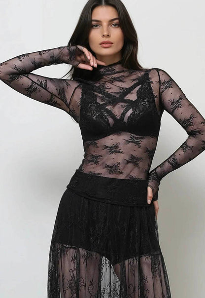 Lux Layering Floral Lace See Through Mesh Top Blouse