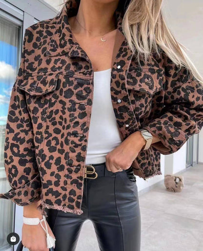 Leopard frayed edge western denim jacket in brown