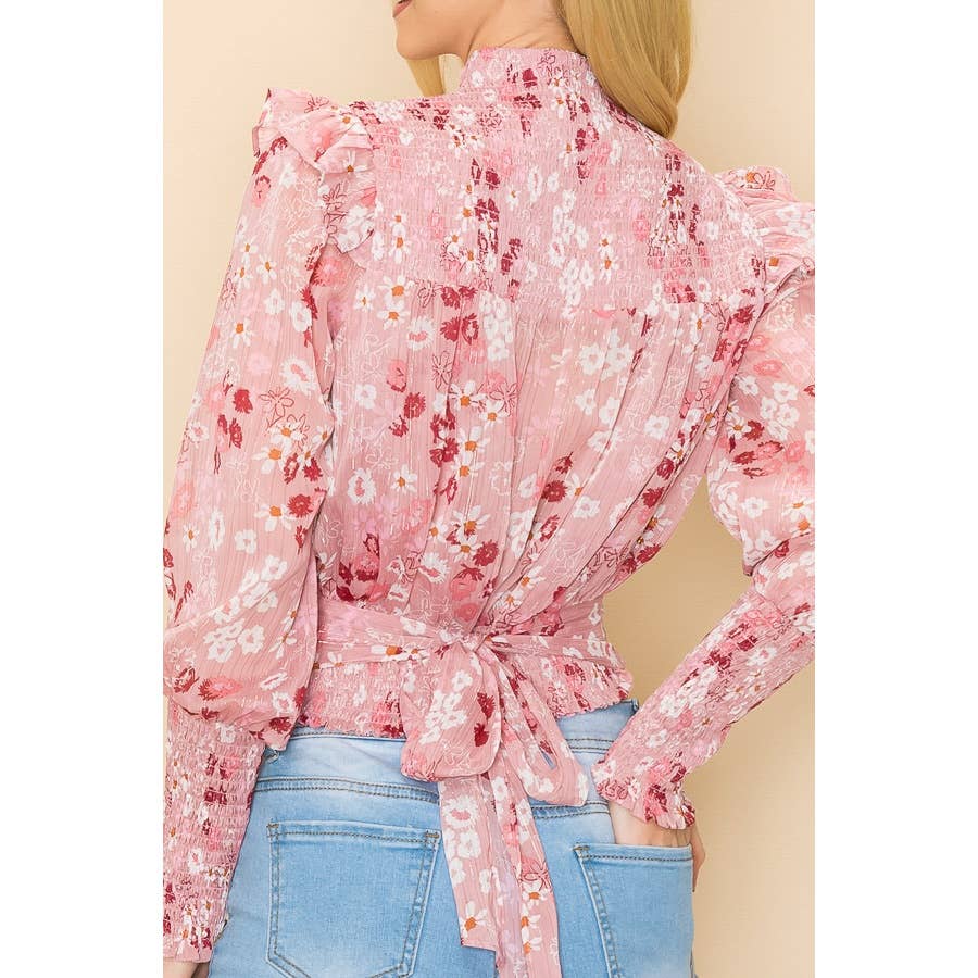 Julie Floral Mock Neck Top with Tie Back