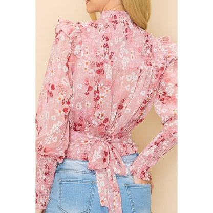 Julie Floral Mock Neck Top with Tie Back