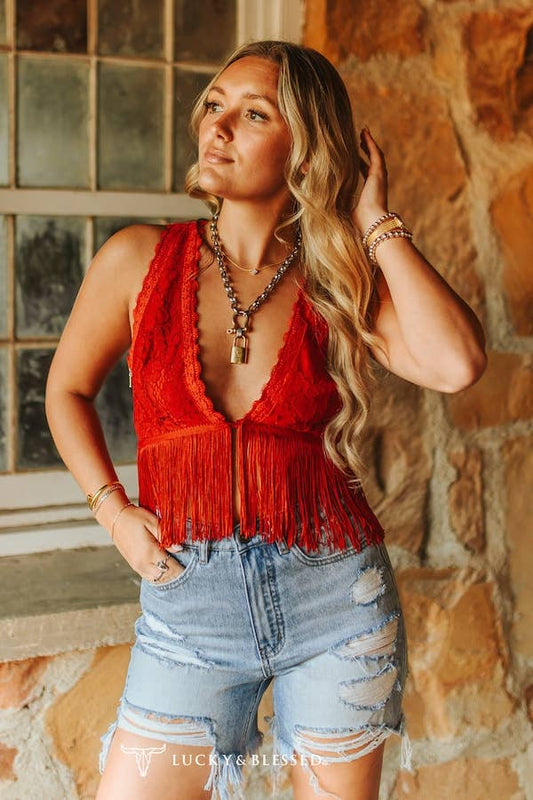 Red Lace Fringe Top