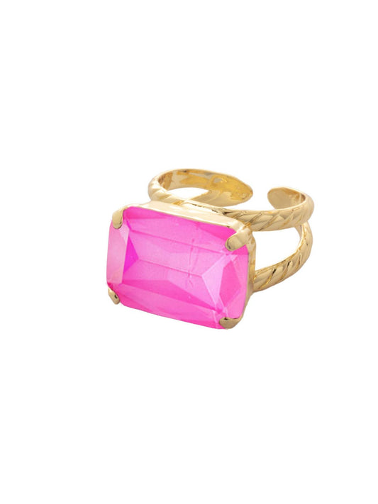 Hot Pink and 10K Gold Emerald Cut Crystal Statement Ring