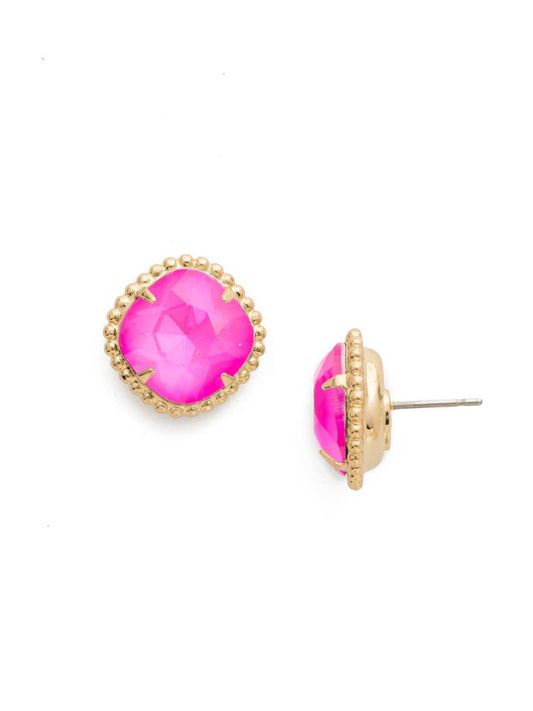 Hot Pink and 10K Gold Cushion-Cut Solitaire Stud Earrings
