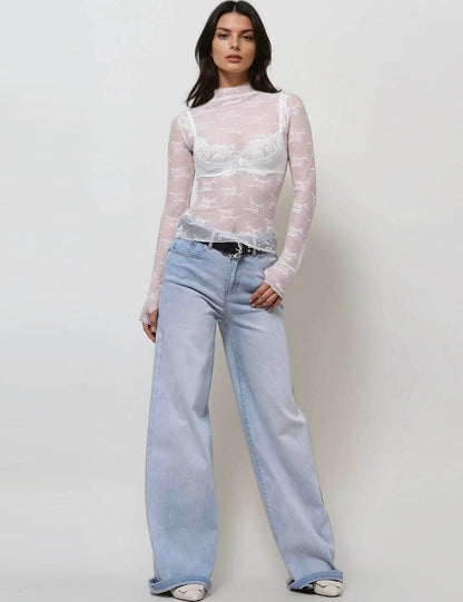 Lux Layering Floral Lace See Through Mesh Top Blouse