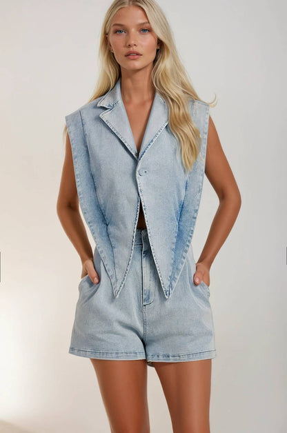 TWO PIECE LOOK LAPEL VEST DENIM ROMPER 4498RIAu