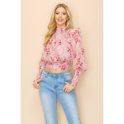 Julie Floral Mock Neck Top with Tie Back