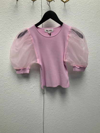 Glinda Round Neck Knit Top with Organza Puff Short Sleeve