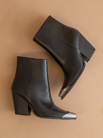 The Zion Black | Elegant Western Bootie Etched Metal Toe