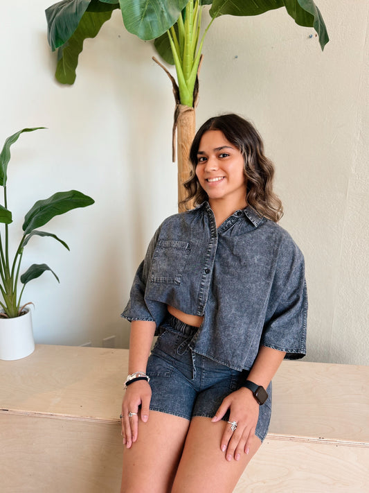 Mineral Washed Denim Shorts