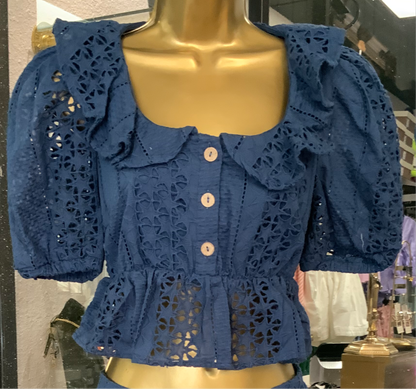 Star Cotton Eyelet Puff Sleeve Babydoll Top