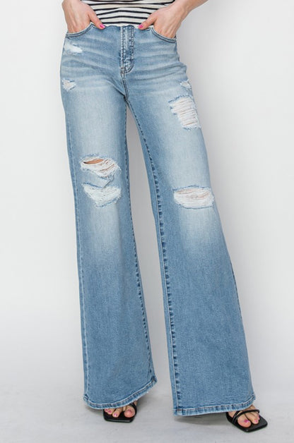 High Rise-Wide-Heavy Distressed Jeans