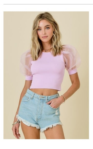 Glinda Round Neck Knit Top with Organza Puff Short Sleeve