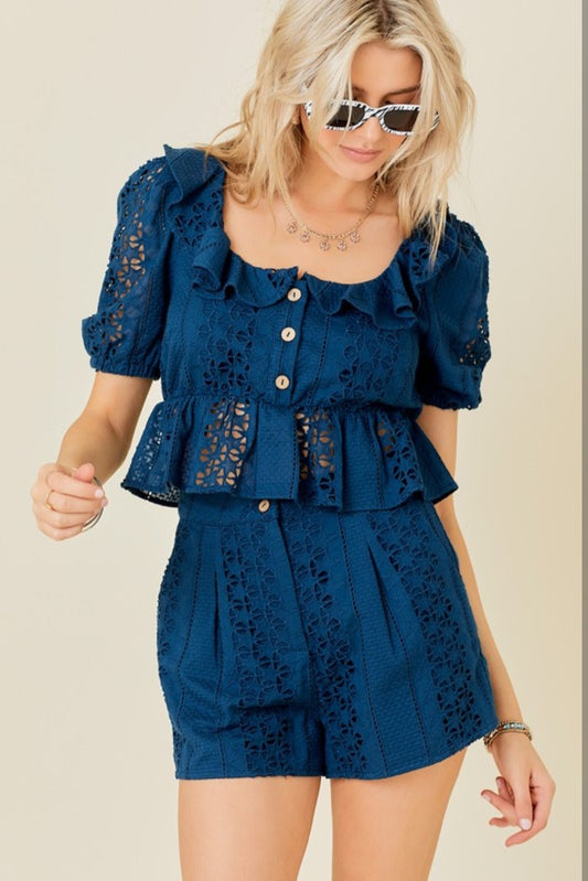 Star Cotton Eyelet Shorts With Pleat