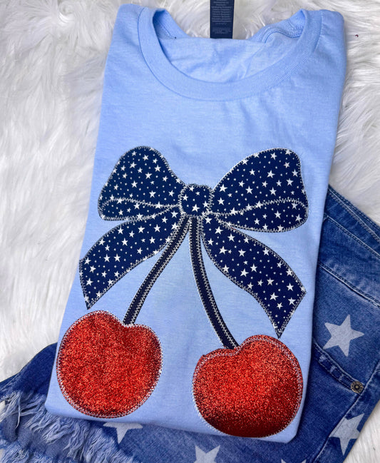Cherries Bow USA Patriotic 4th of July Short Sleeve