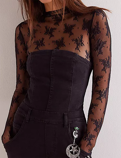Lux Layering Floral Lace See Through Mesh Top Blouse