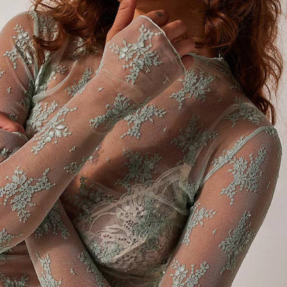 Lux Layering Floral Lace See Through Mesh Top Blouse