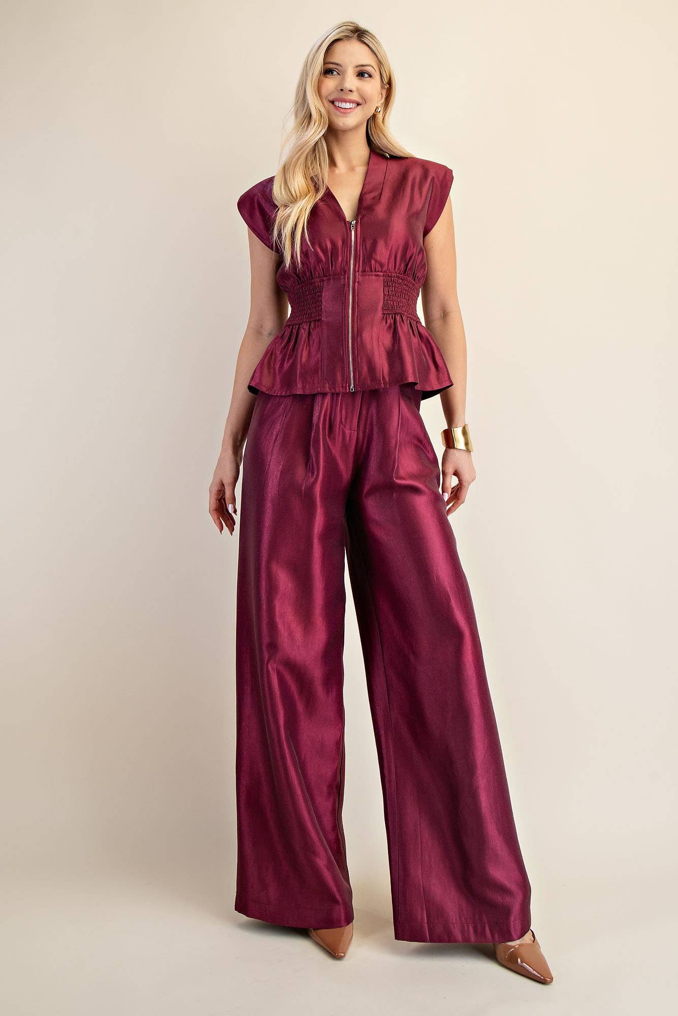 Smocked Front Zip Waist Top