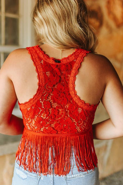 Red Lace Fringe Top