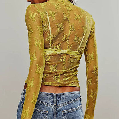 Lux Layering Floral Lace See Through Mesh Top Blouse