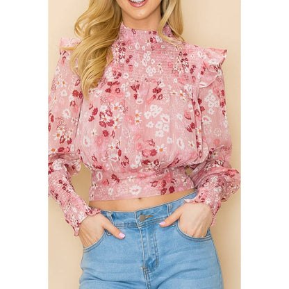 Julie Floral Mock Neck Top with Tie Back