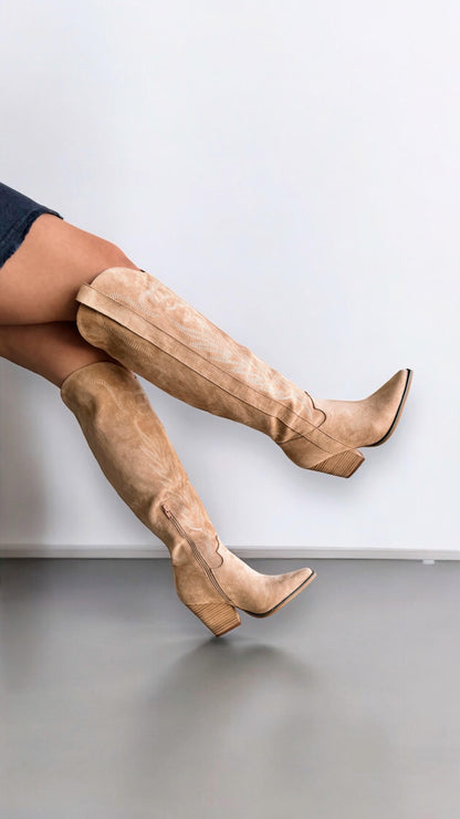 The Bronco Almond | Knee High Cowboy Western Boots